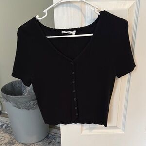 Black Button-Up V-Neck Crop-top